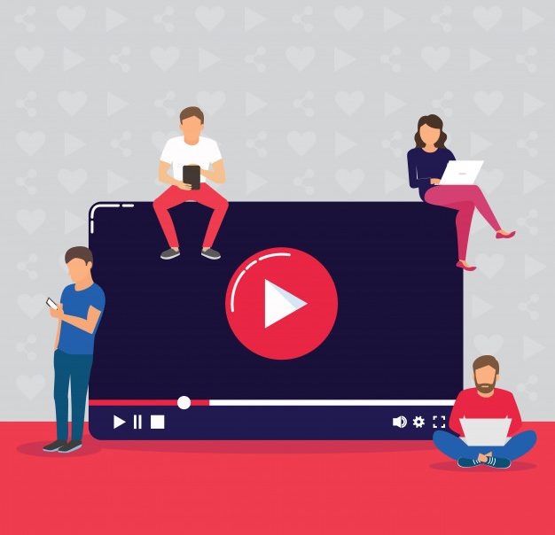 ilustracao video do conceito dos jovens que usam dispositivos moveis pc da tabuleta e smartphone para ao vivo a observacao de um video atraves do internet 1212 1229