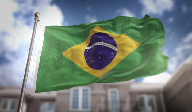 bandeira do brasil 3d rendering no fundo do edificio do ceu azul 1379 1244