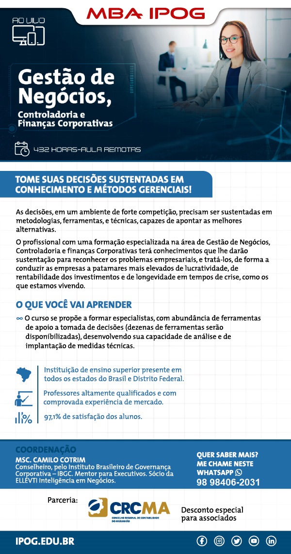 Gestão de Negócios Controladoria e Finanças Corporativas São Luís CRC MA Whatsapp Apresentação do Curso