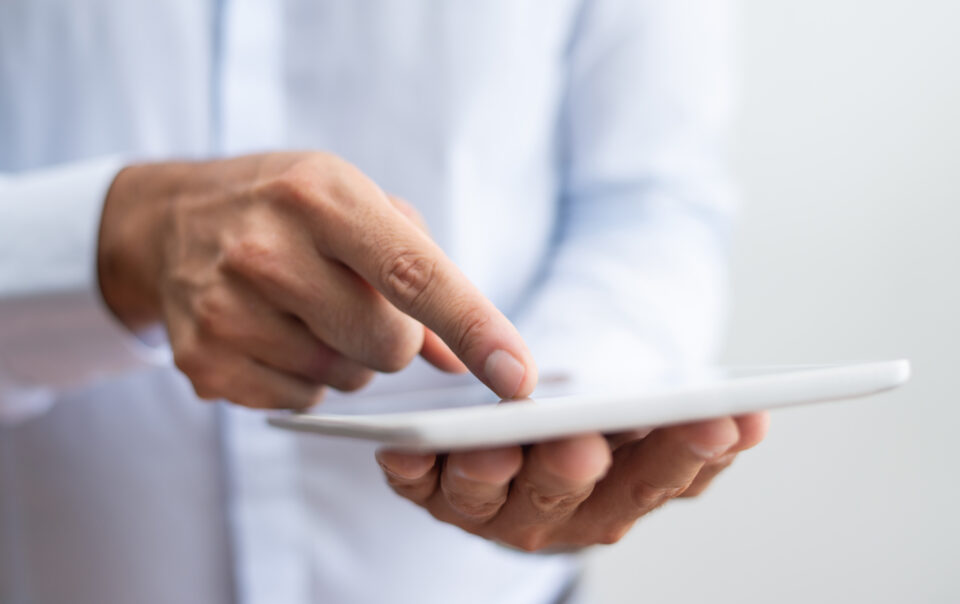 close up businessman white shirt pointing with finger